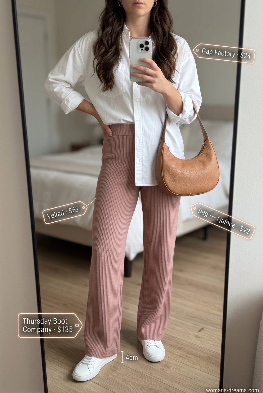 Dusty rose wide-leg trousers for women 2026, styled with an oversized white shirt and sneakers for a casual brunch.