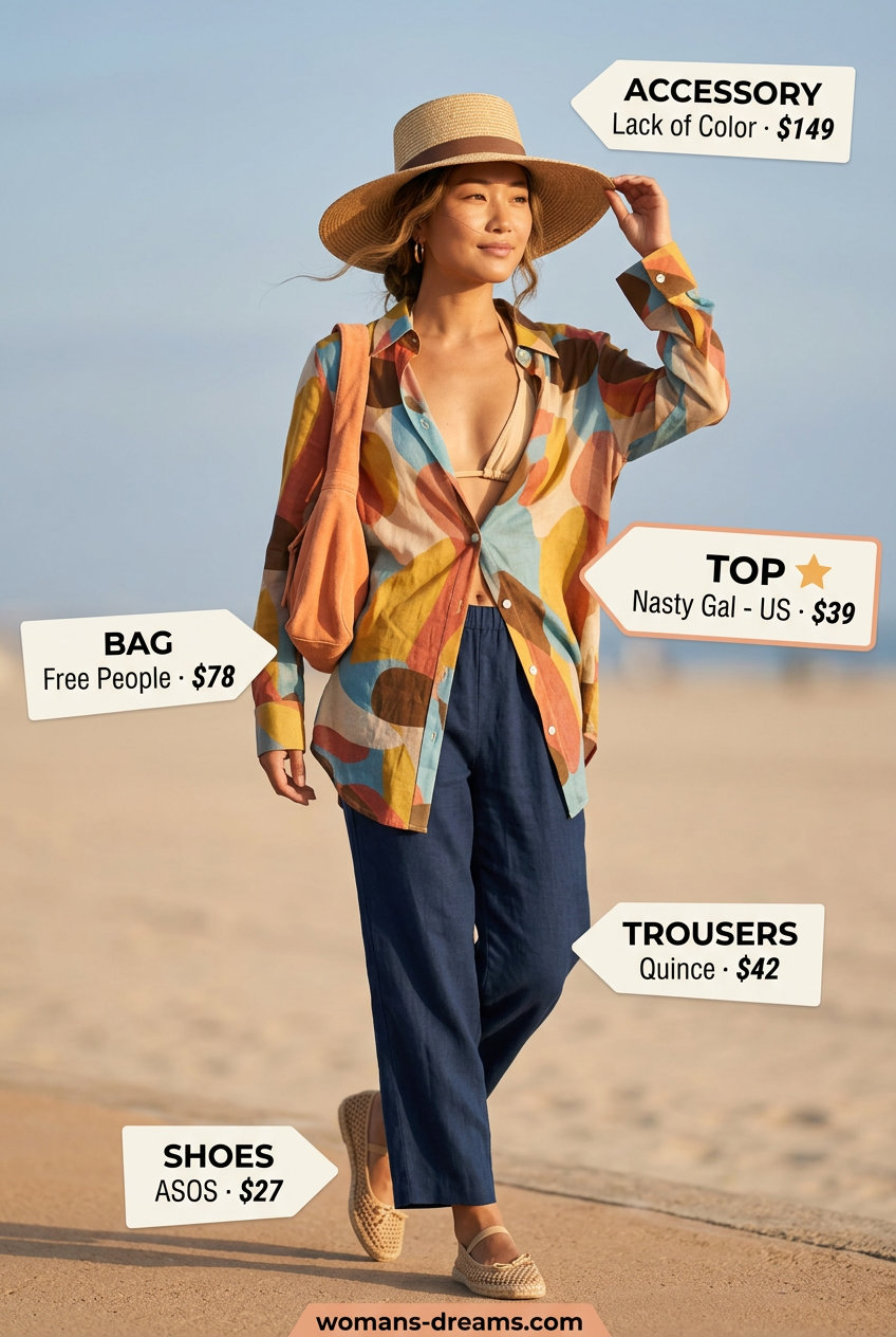Boho chic summer outfit with abstract print shirt, versatile trousers, straw hat, suede bag, and espadrilles for vacation 2026.
