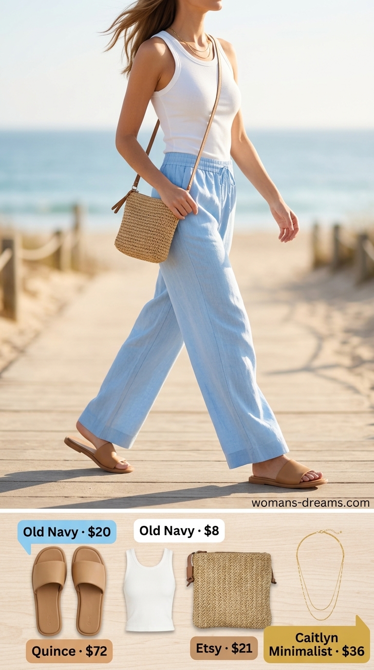 Coastal breeze linen trousers for women 2026 in sky blue, paired with a white tank, straw bag, gold necklace, and leather sandals.