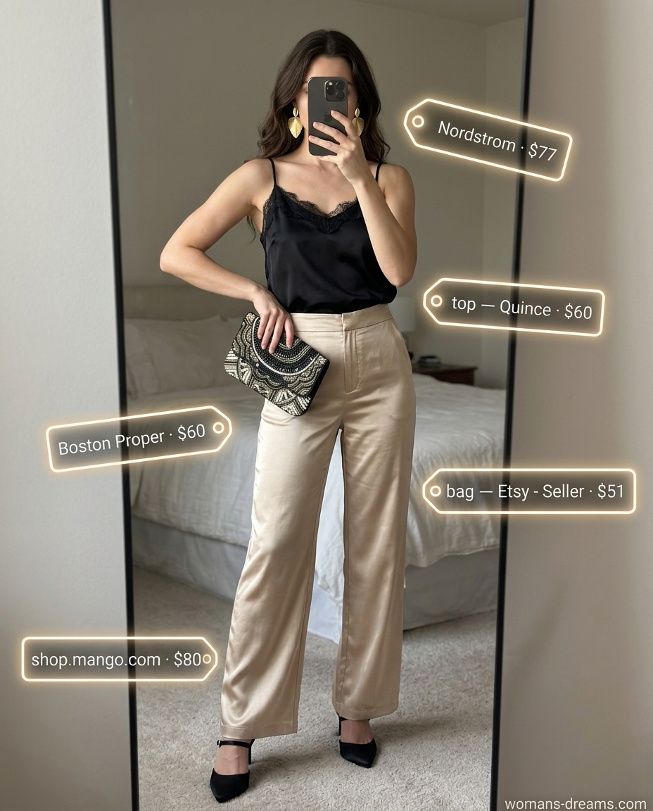 Evening glam trousers for women 2026 in champagne satin, paired with a black camisole, embellished clutch, stiletto heels, and gold earrings.