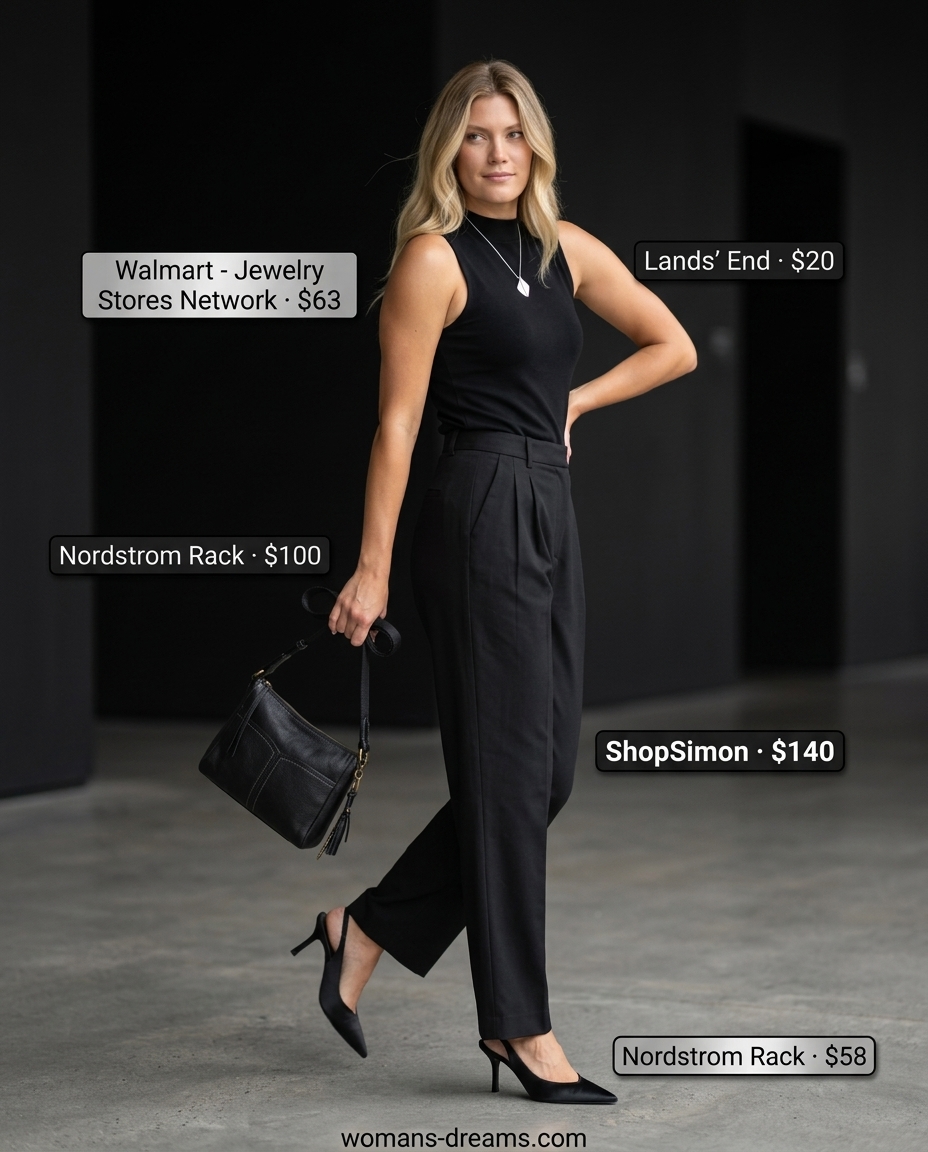 Modern minimalist trousers for women 2026 in black, styled with a mock neck top, silver necklace, slingbacks, and crossbody bag for office.