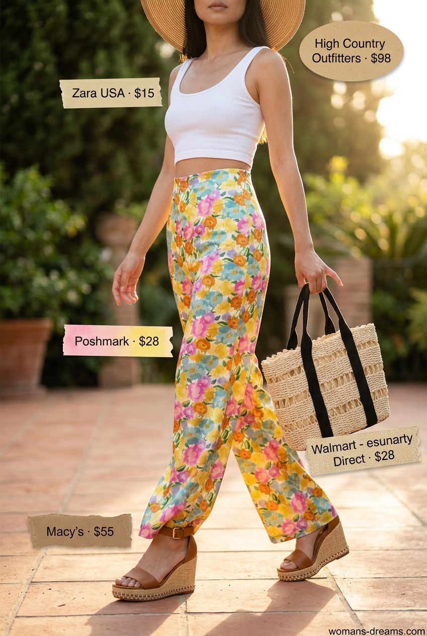 Resort ready wide-leg trousers for women 2026 in a floral print, paired with a white crop top, straw hat, tote bag, and espadrille wedges.