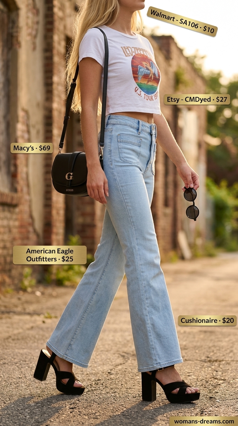 Retro vibes outfit with light wash denim trousers for women 2026, vintage band tee, sunglasses, crossbody bag, and platform sandals.