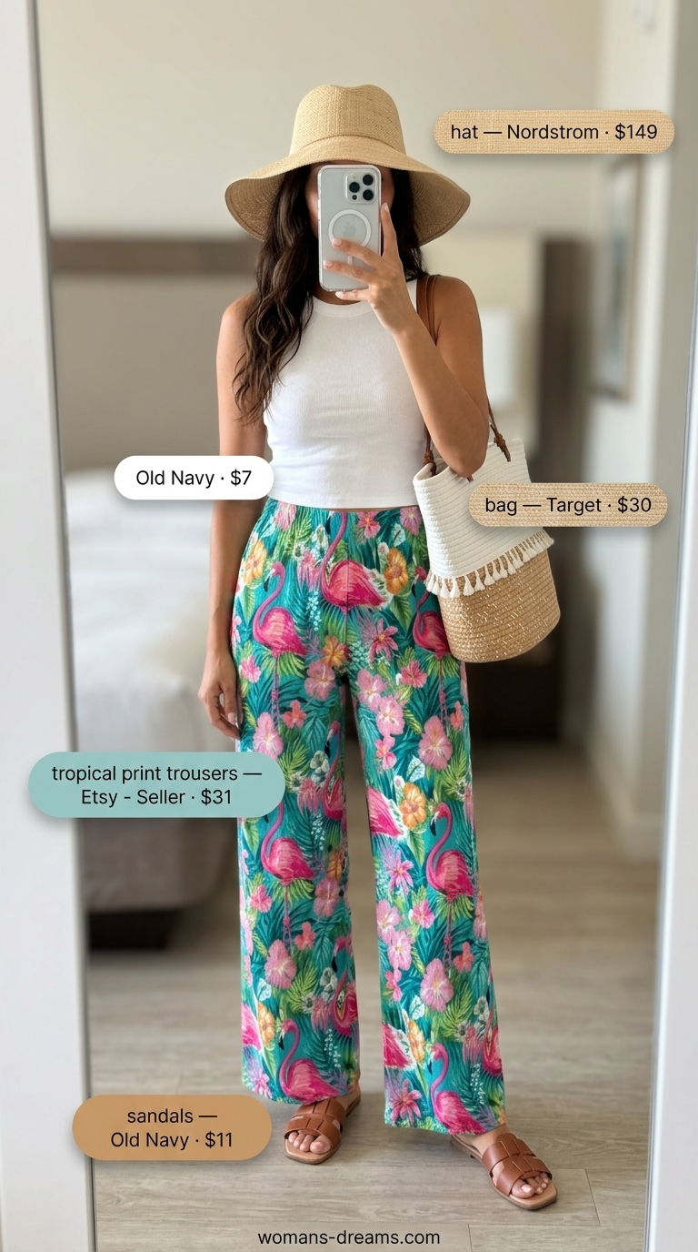 Vacation ready trousers for women 2026 in a tropical print, paired with a white tank, straw hat, canvas tote, and flat sandals.