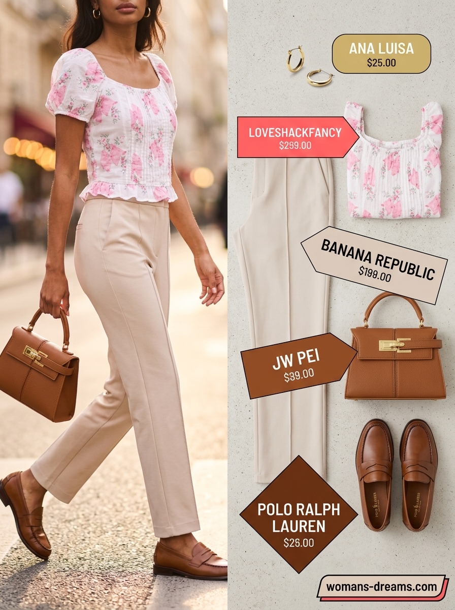 Weekend brunch trousers for women 2026 in beige, styled with a floral blouse, penny loafers, structured bag, and gold hoop earrings.