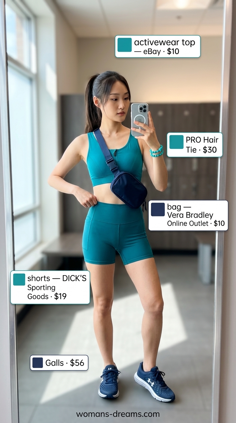 Teal cycling shorts & zip bra: summer matching set activewear for women 2026. For studio cycling or high-energy classes.