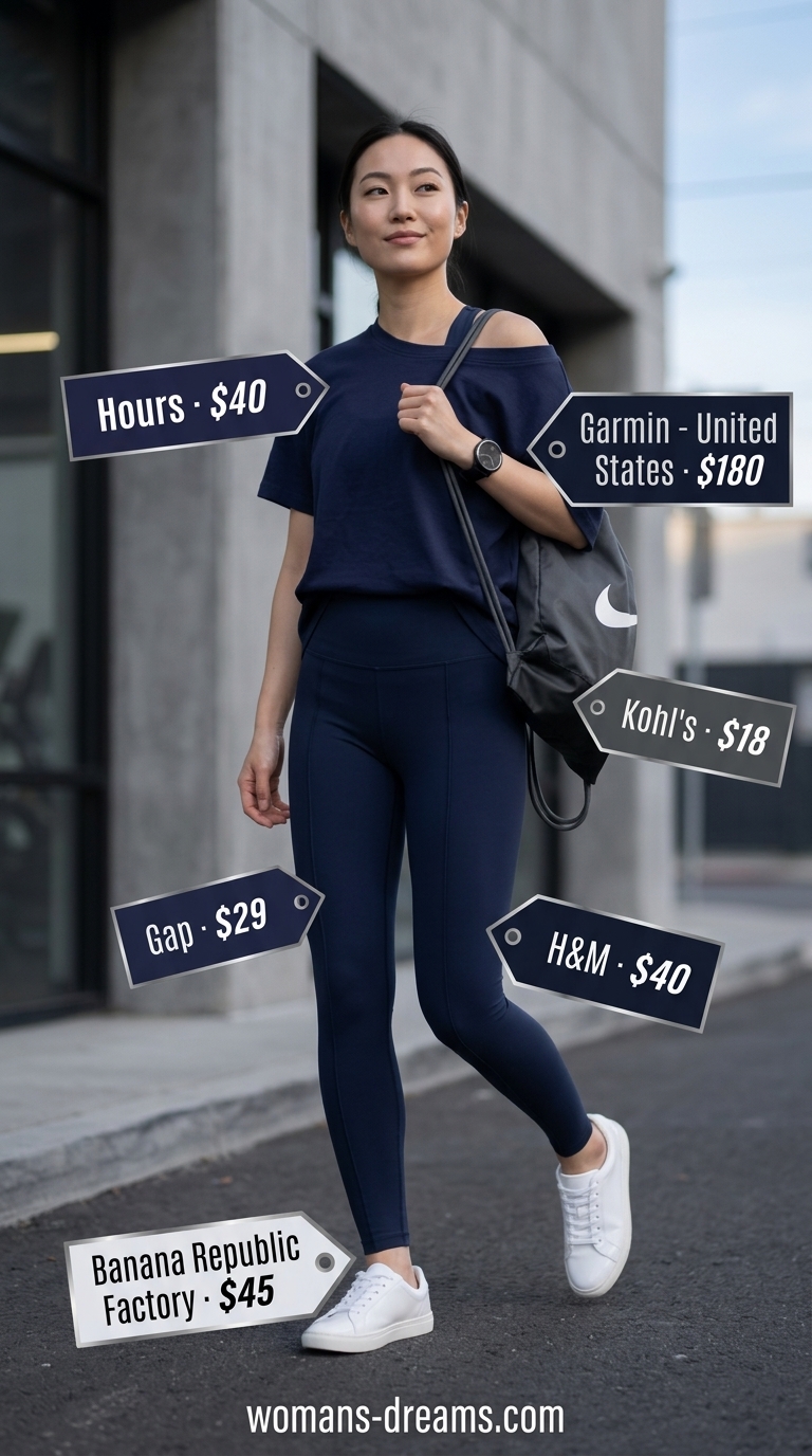 Navy blue activewear matching set for women 2026: leggings and t-shirt for athleisure commute.
