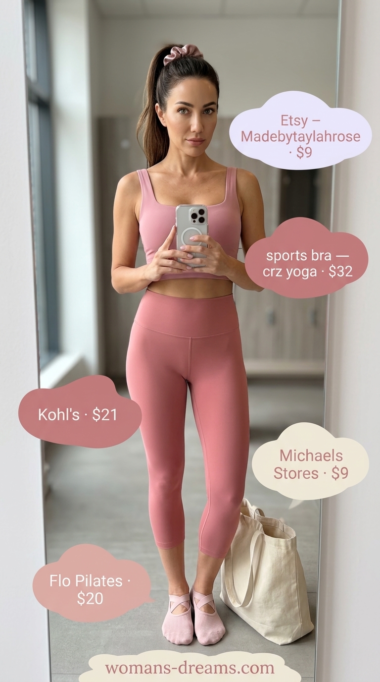 Dusty rose pink activewear matching set for women 2026: capri leggings and sports bra for barre class.