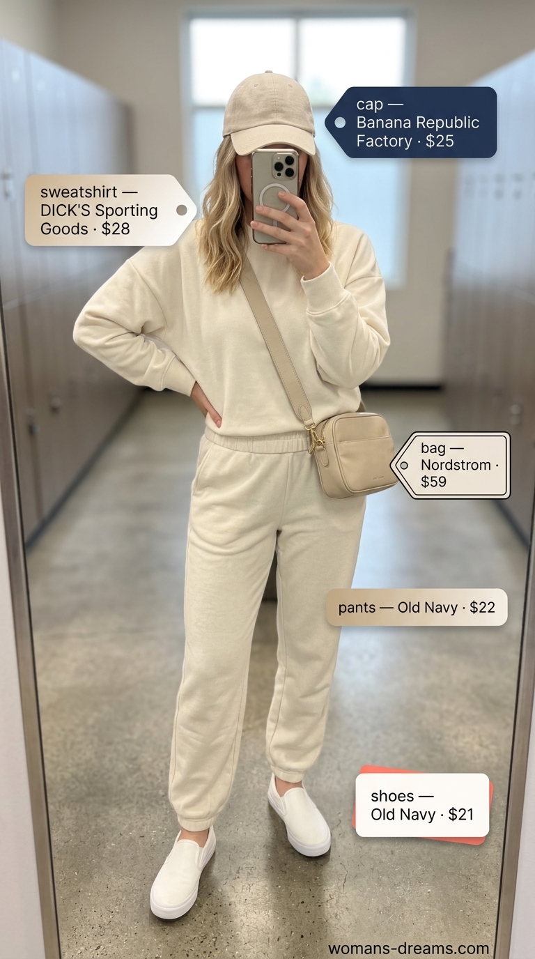 Neutral beige activewear matching set for women 2026: joggers and sweatshirt for cool-down.