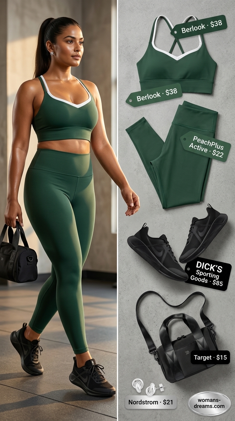 Emerald green leggings & sports bra: summer matching set activewear for women 2026. For gym or treadmill cardio.