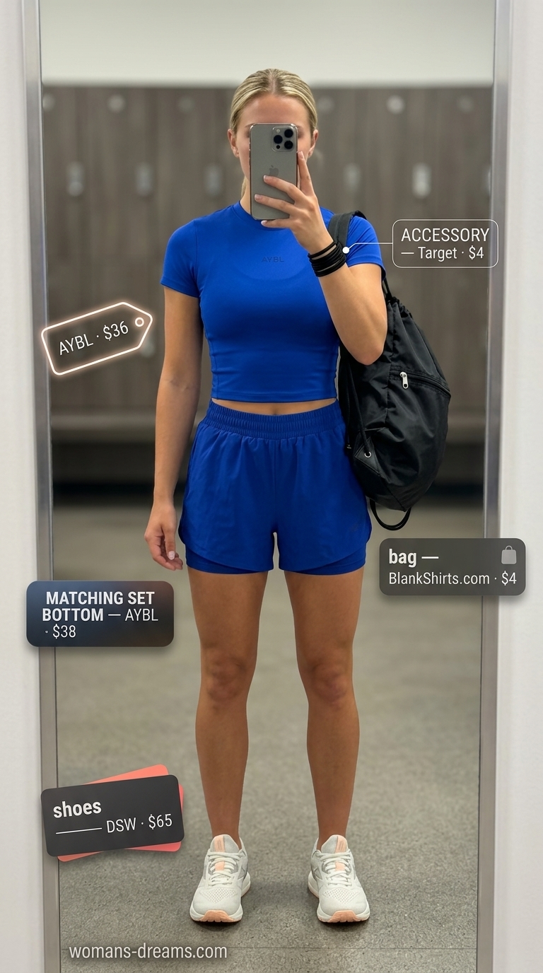 Cobalt blue activewear matching set for women 2026: shorts and t-shirt for HIIT training.