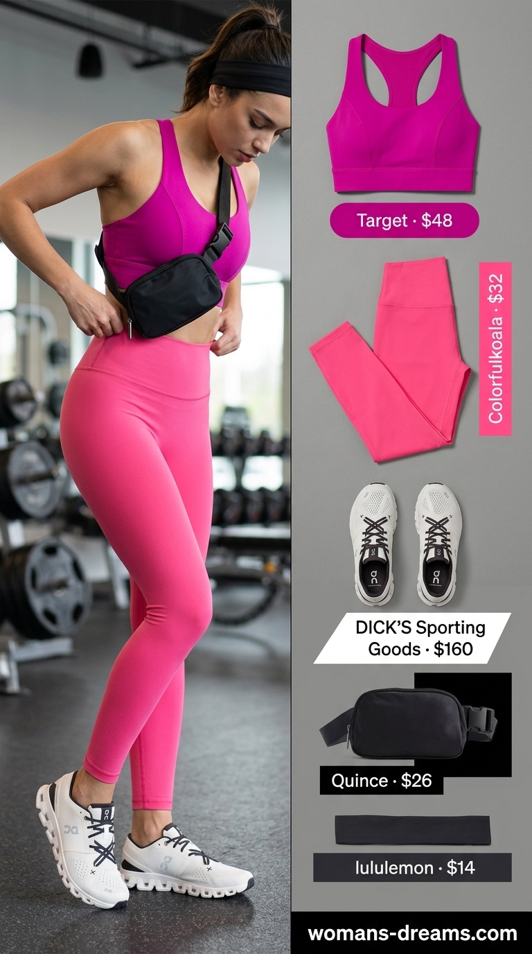 Bright fuchsia activewear matching set for women 2026: leggings and sports bra for HIIT.