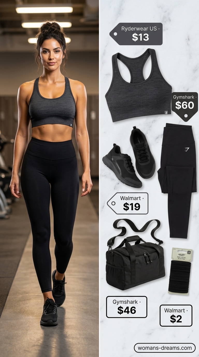 All black monochrome activewear set: summer matching set activewear for women 2026. Ideal for gym or spin class.