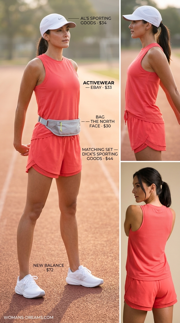 Bright coral activewear matching set for women 2026: running shorts, tank, and shoes for morning runs.