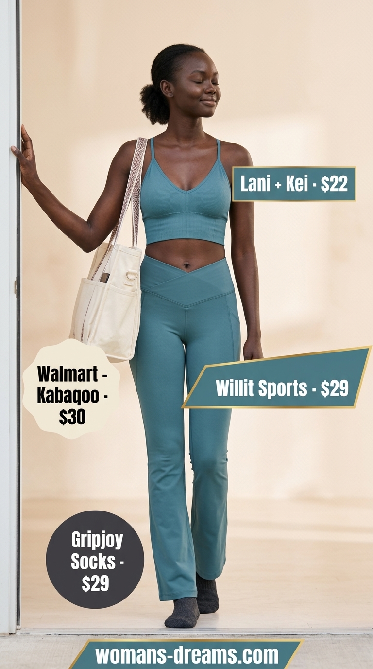 Muted teal activewear matching set for women 2026: yoga pants and bralette for restorative yoga.