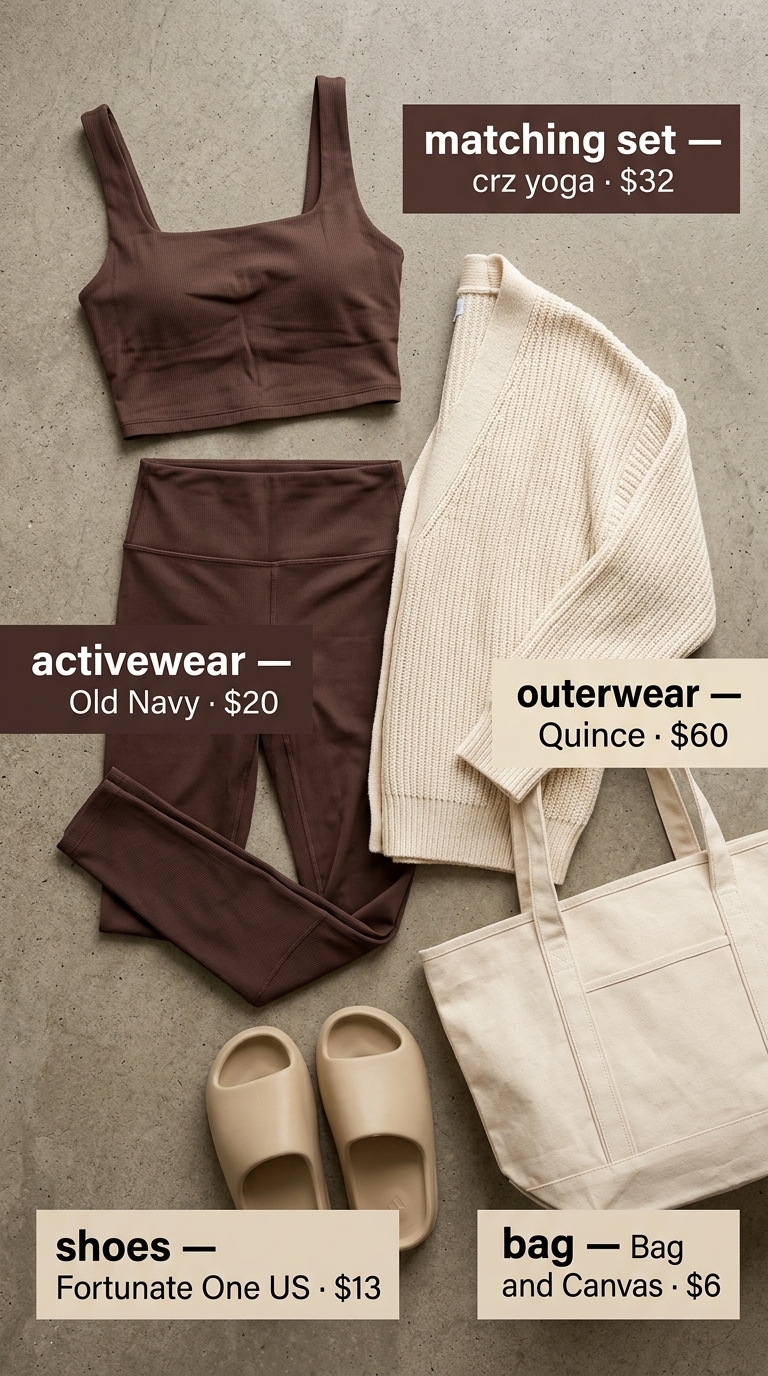 Mocha ribbed leggings & bra: summer matching set activewear for women 2026. For recovery days or active lounging.