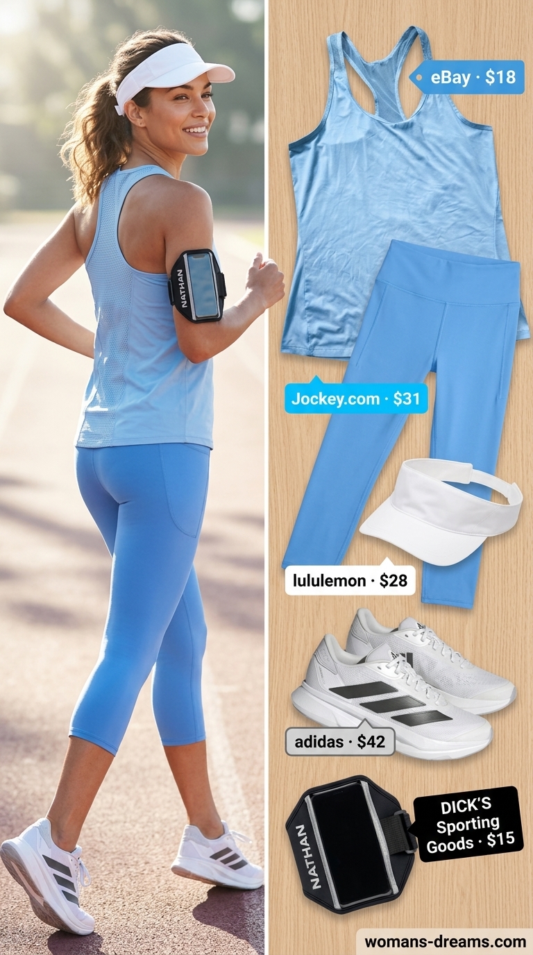 Sky blue tank & capri leggings: summer matching set activewear for women 2026. For jogging or light cardio.