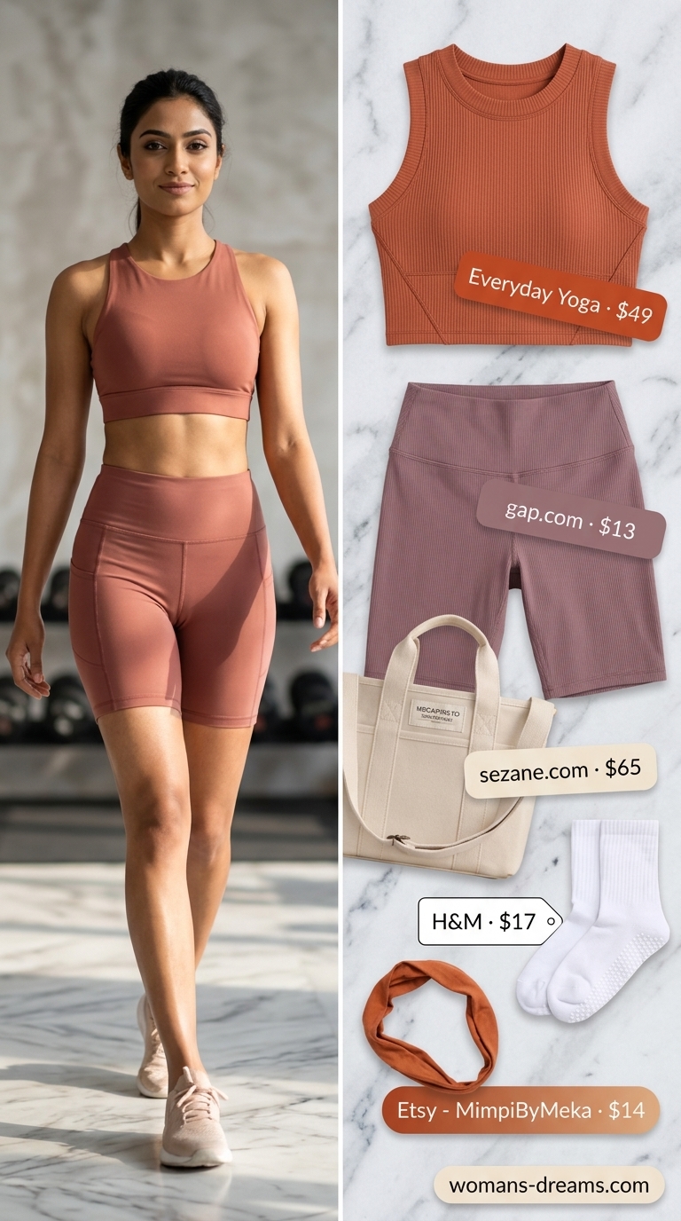 Terracotta biker shorts & crop top: summer matching set activewear for women 2026. For stretching or low-impact workouts.