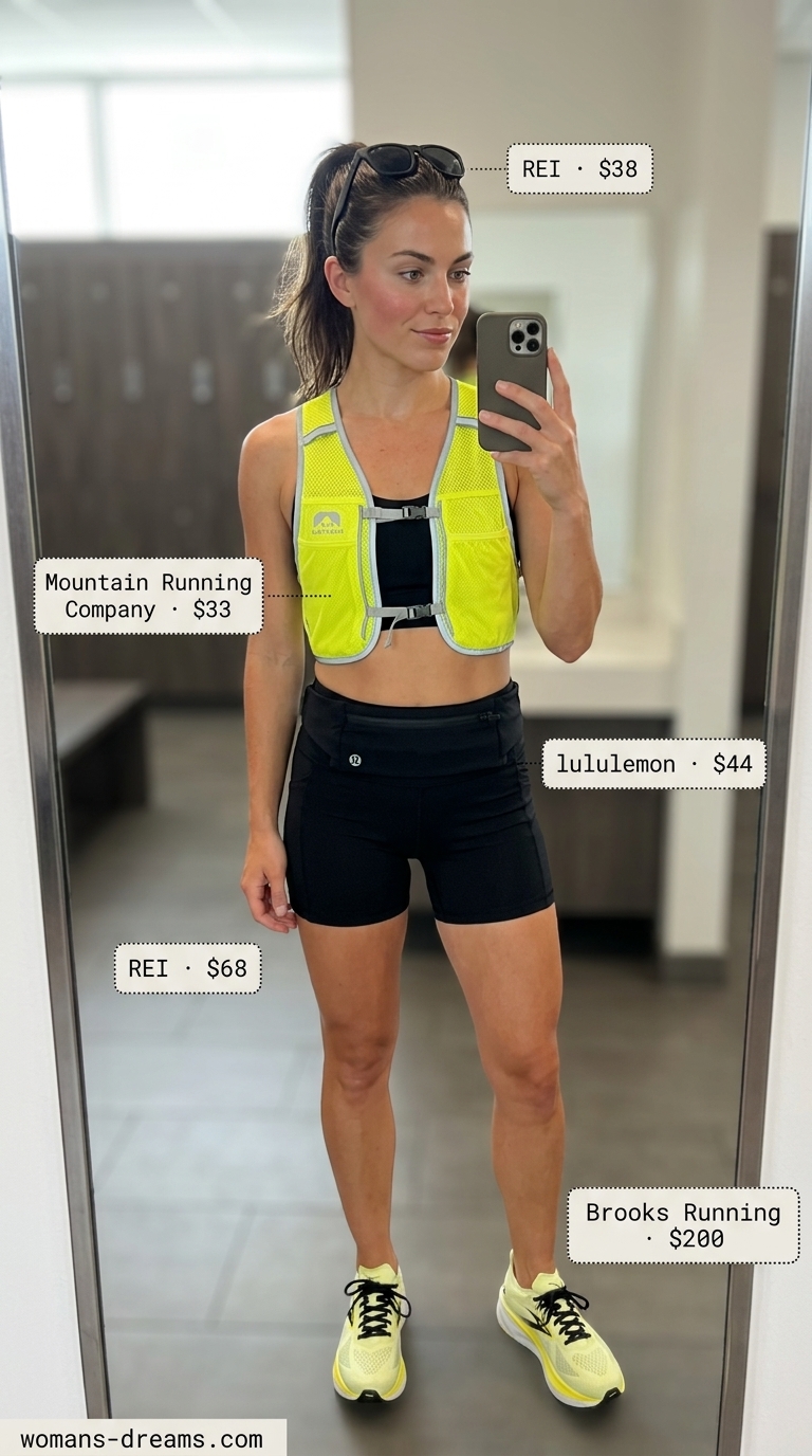 Electric yellow activewear top matching set for women 2026: running vest and shorts for trail running.