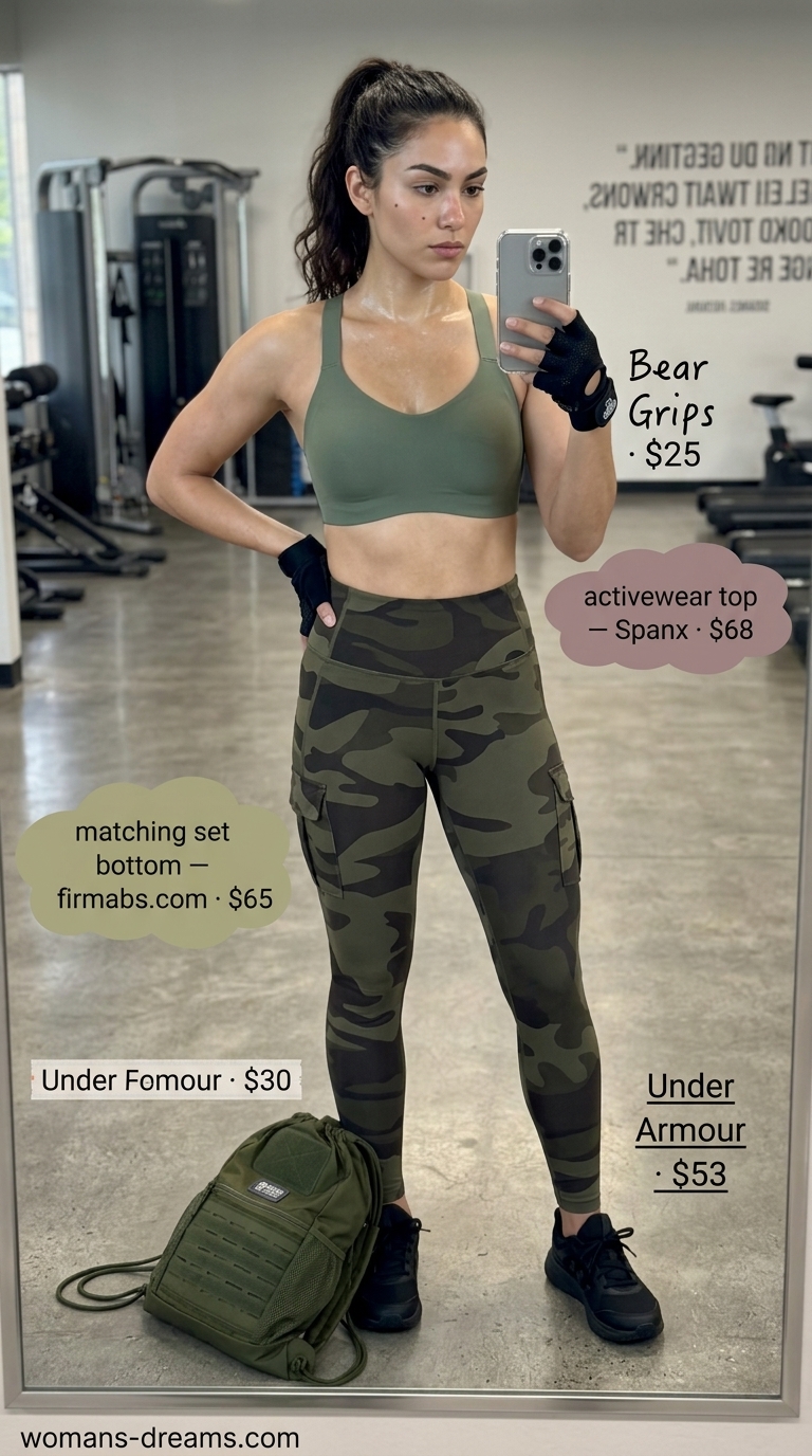 Camo cargo leggings & olive sports bra: summer matching set activewear for women 2026. For CrossFit or outdoor training.
