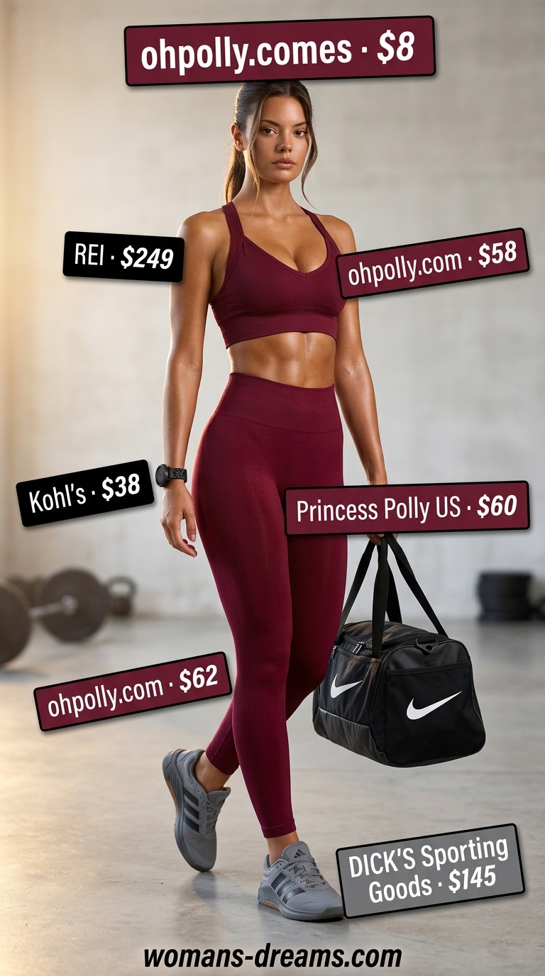Deep burgundy activewear matching set for women 2026: leggings and sports bra for weightlifting.