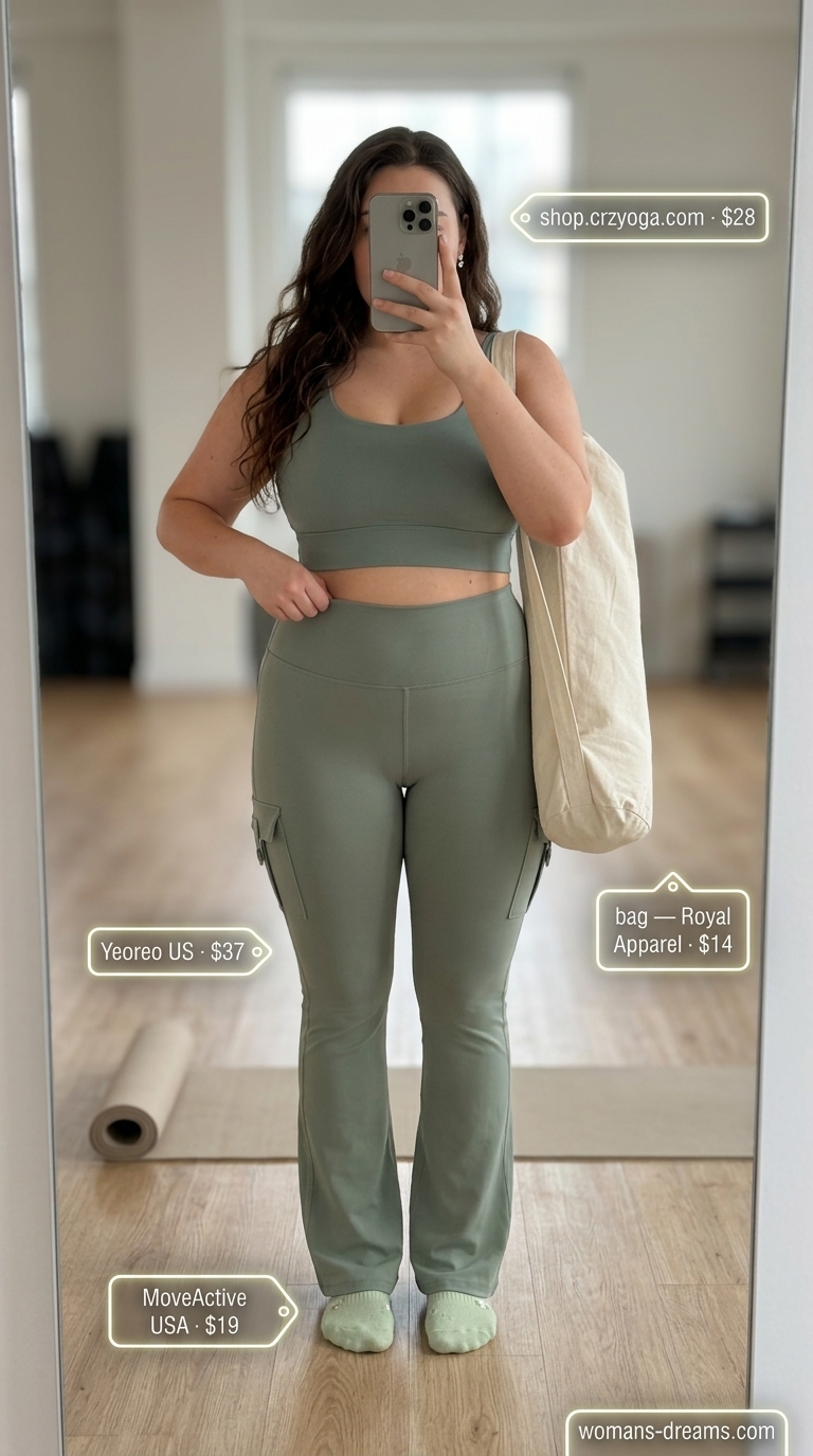 Sage green flared leggings & scoop bra: summer matching set activewear for women 2026. For yoga or Pilates.