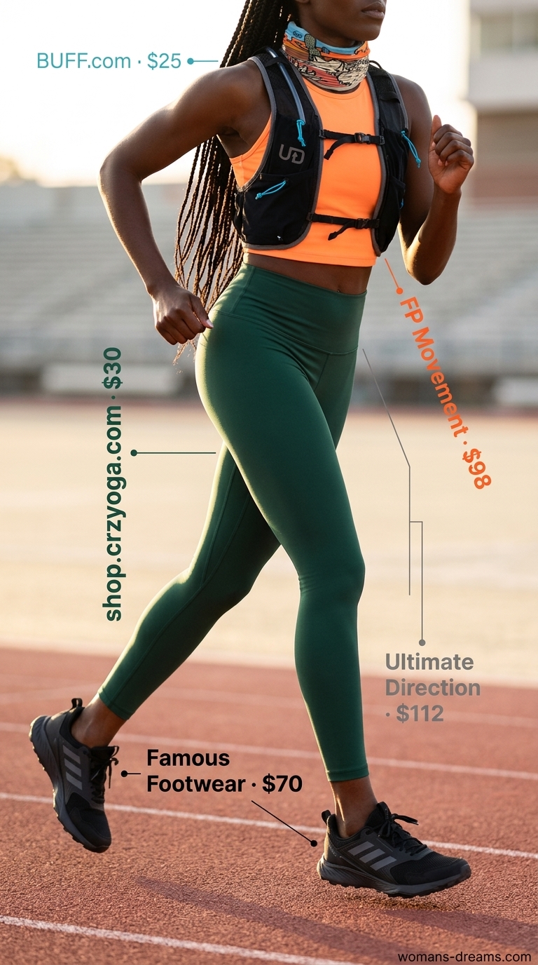 Forest green summer matching set activewear for women 2026, perfect for trail running and hiking with a half-zip top and leggings.