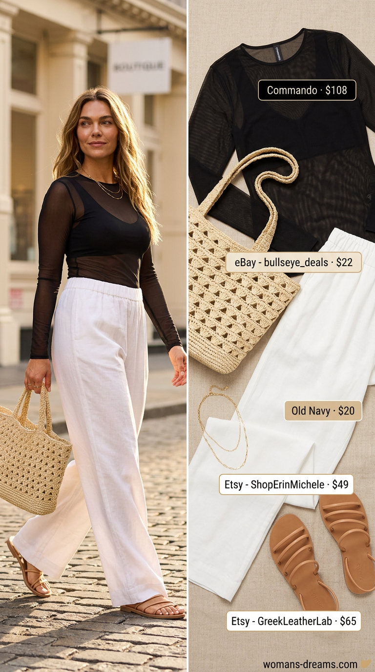 Summer Mesh Top Outfits for Women 2026: Black mesh top with linen pants for a chic beach evening.