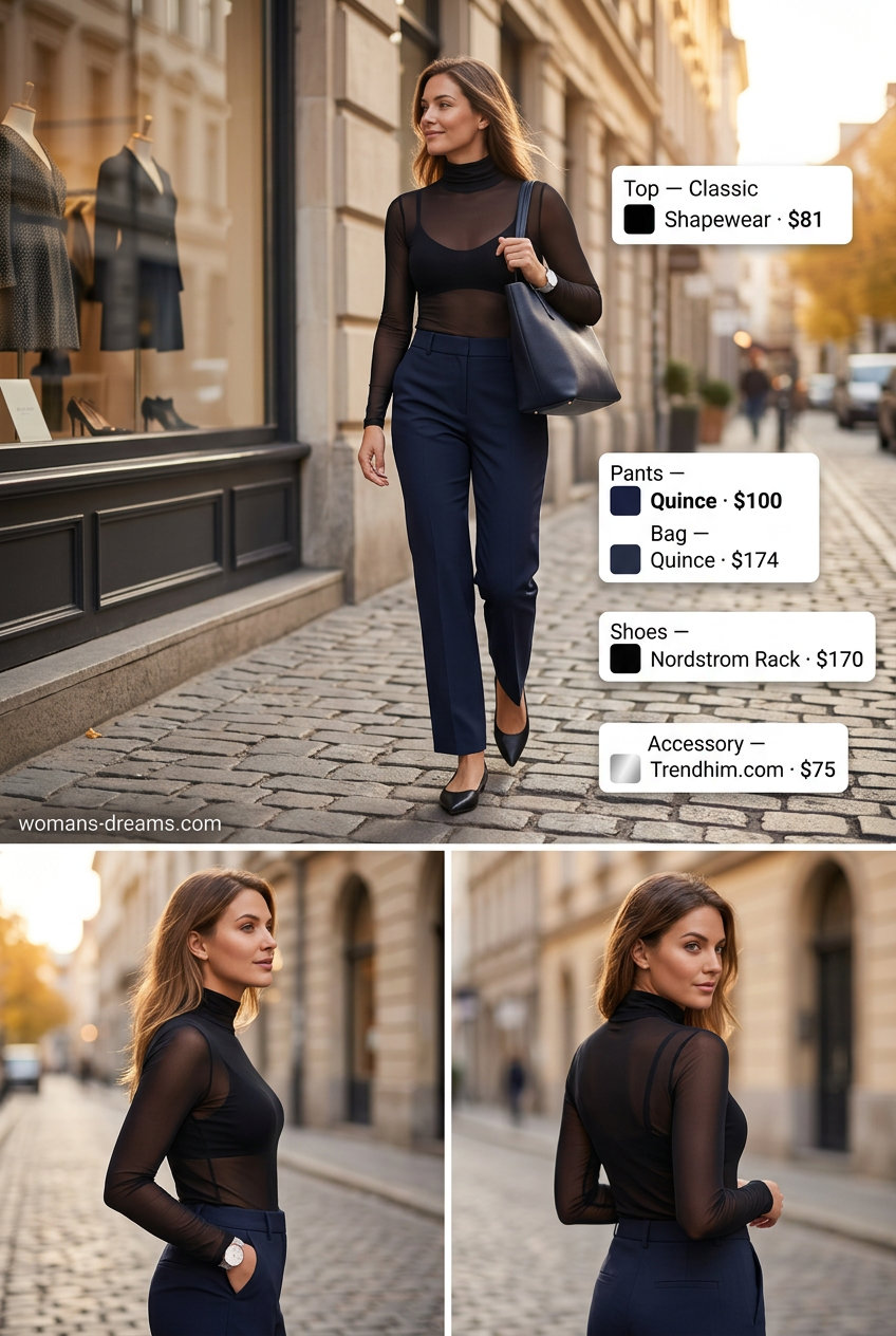 Chic layering summer mesh top outfit for women 2026 with turtleneck mesh top, trousers, and flats.