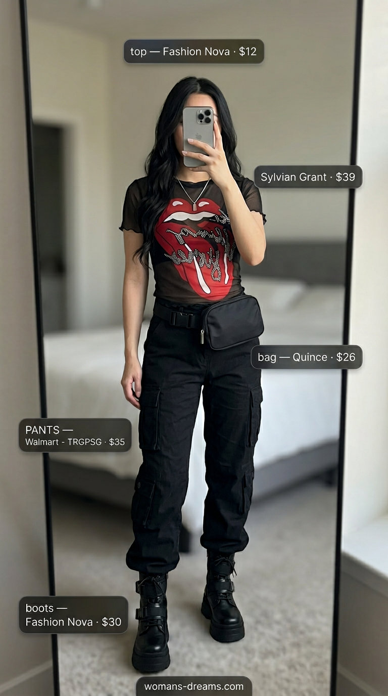 Summer Mesh Top Outfits for Women 2026: Black graphic mesh top with cargo pants for an edgy concert look.