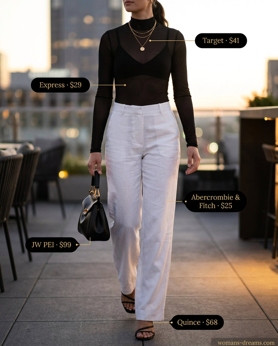 Summer Mesh Top Outfits for Women 2026: Chic black mesh top with wide-leg linen pants for evening elegance.