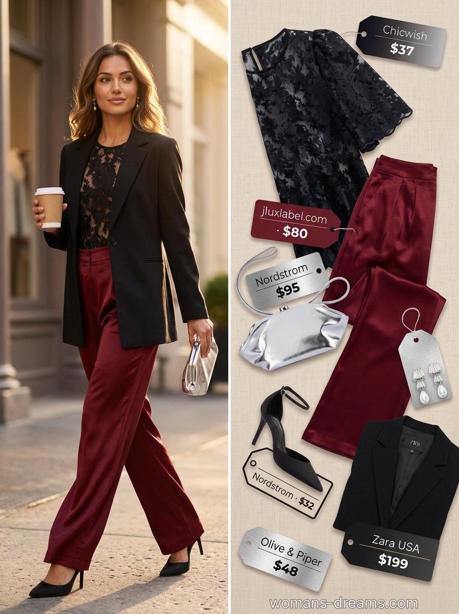 Evening elegance summer mesh top outfit for women 2026 with satin pants, embroidered mesh top, and blazer.