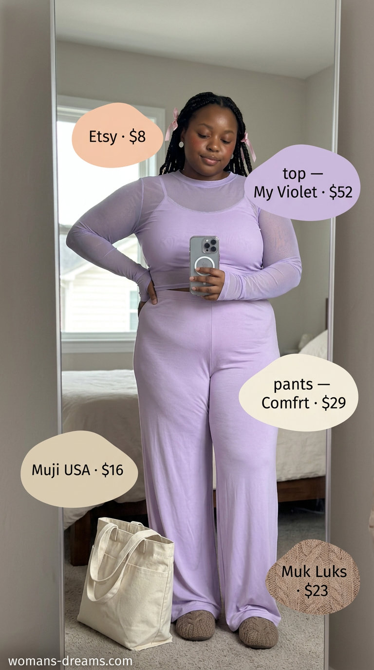 Summer Mesh Top Outfits for Women 2026: Lavender mesh top with matching lounge pants for comfortable daywear.