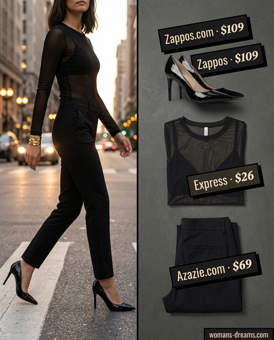 Monochrome chic summer mesh top outfit for women 2026 with black trousers, heels, and red clutch.