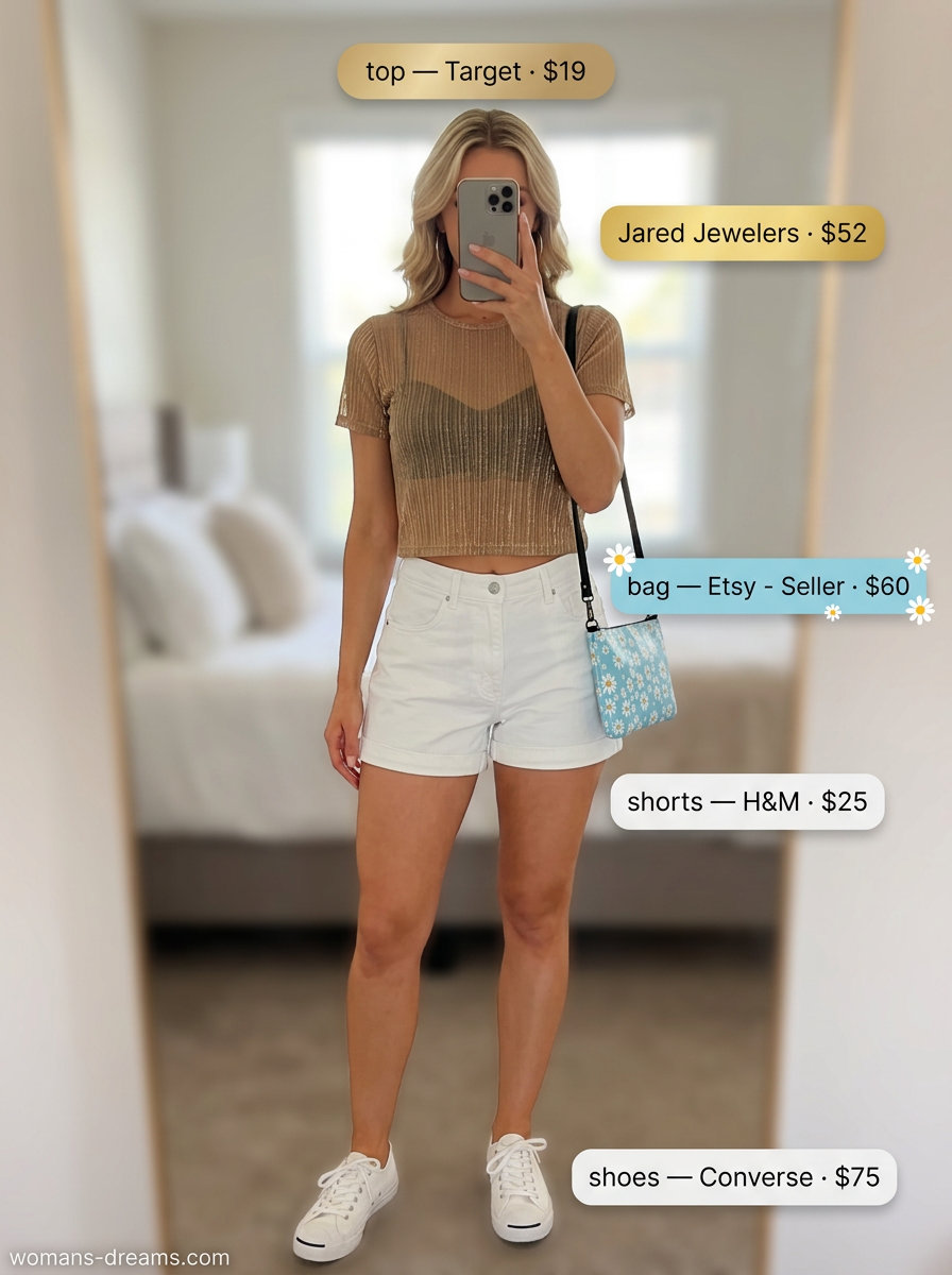 Summer Mesh Top Outfits for Women 2026: Coral mesh crop top with white denim shorts for a playful look.