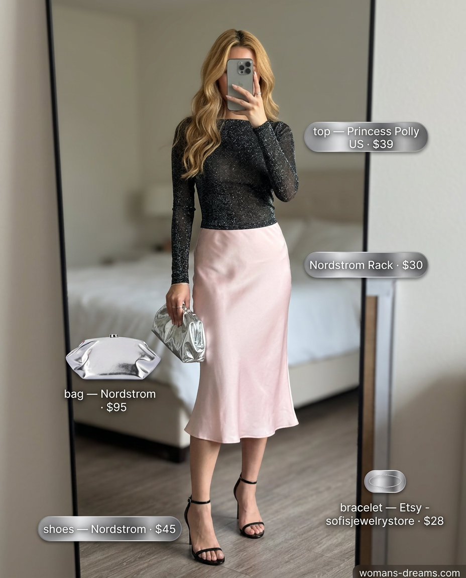Summer date night outfit for women 2026 featuring a glitter mesh top, satin midi skirt, and strappy heels.