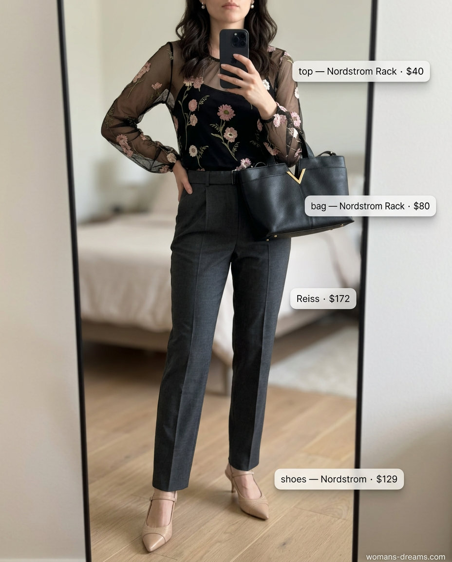 Summer Mesh Top Outfits for Women 2026: Black embroidered mesh top with tailored trousers for a work event.