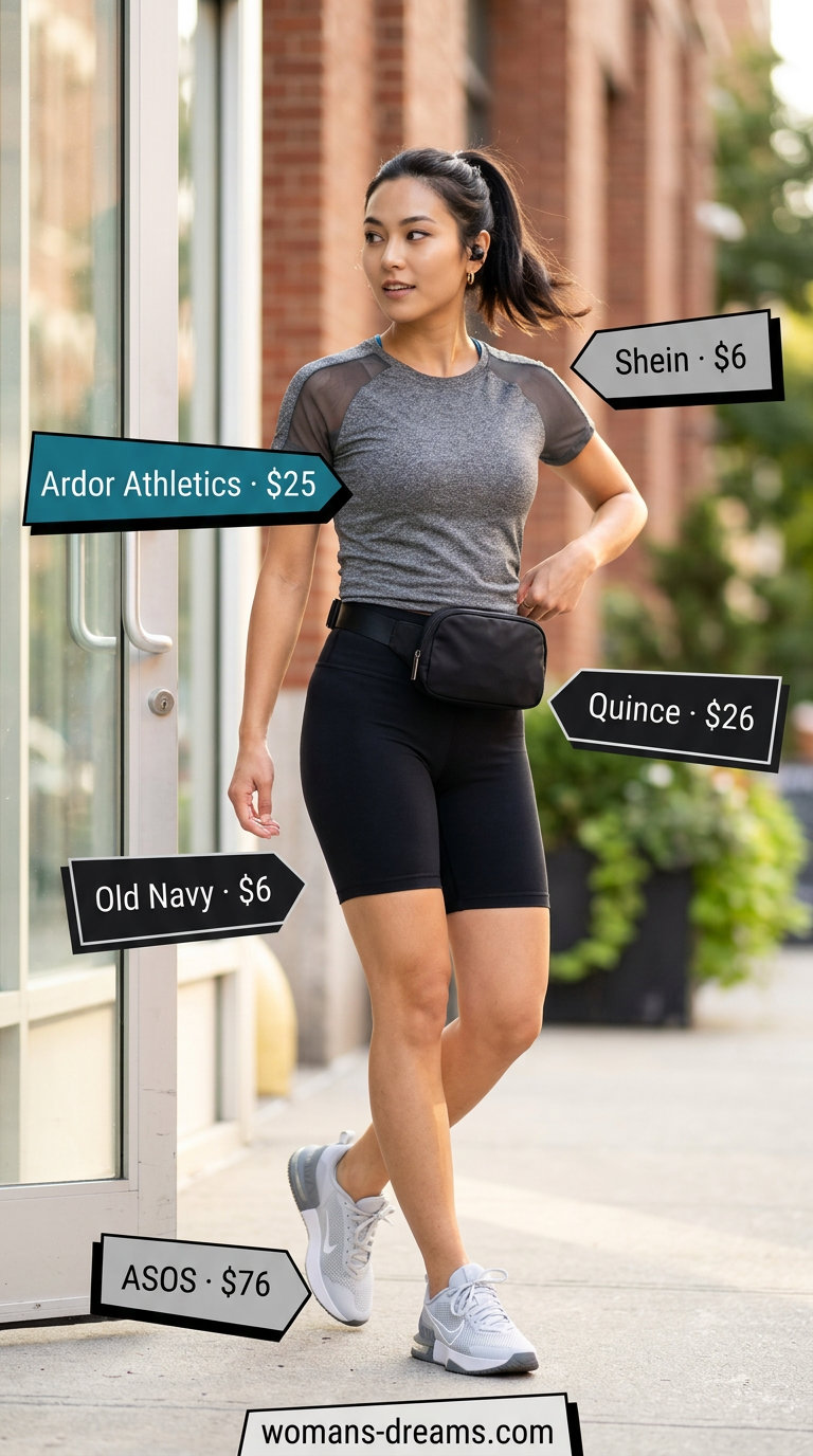 Athletic mesh t-shirt with biker shorts and sports bra for athleisure summer outfits women 2026.