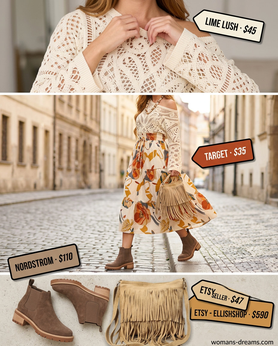 Cream crochet mesh top with floral midi skirt for boho festival summer outfits women 2026.