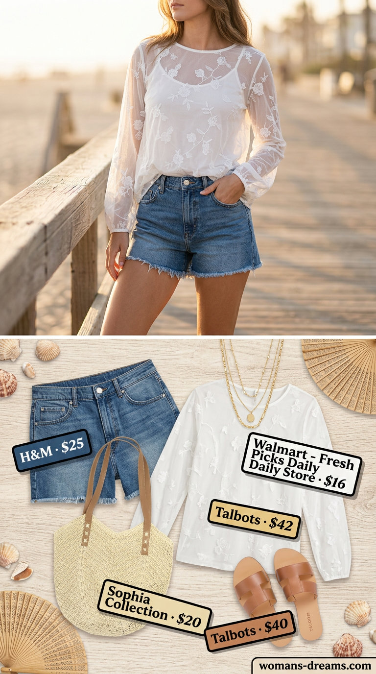 Coastal Breeze: White mesh top, denim shorts, and tan sandals for summer outfits women 2026 beach day.