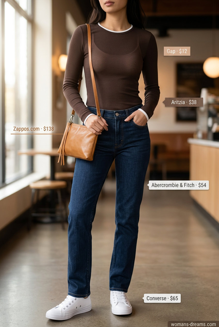 Mocha knit mesh top with dark wash jeans and white sneakers for versatile summer outfits women 2026.