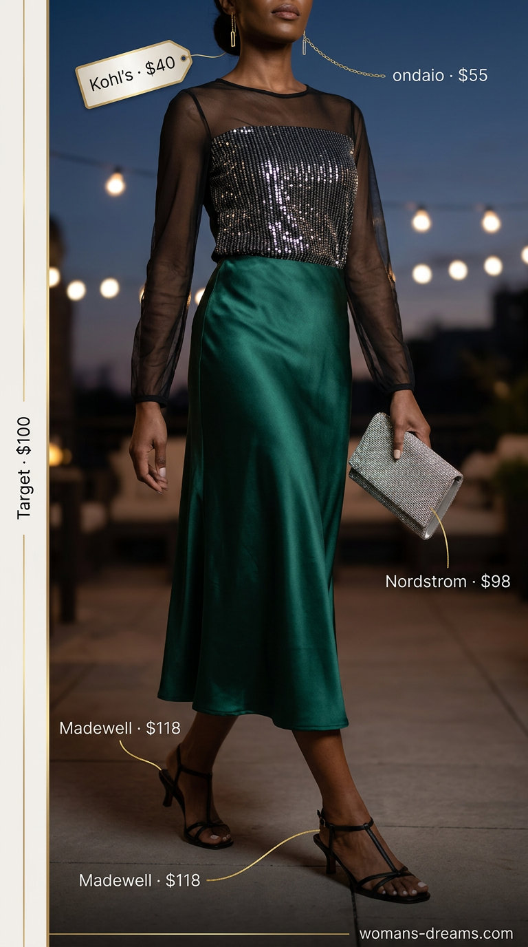 Emerald green satin skirt with a black sequin mesh top for elegant summer outfits women 2026 evening.