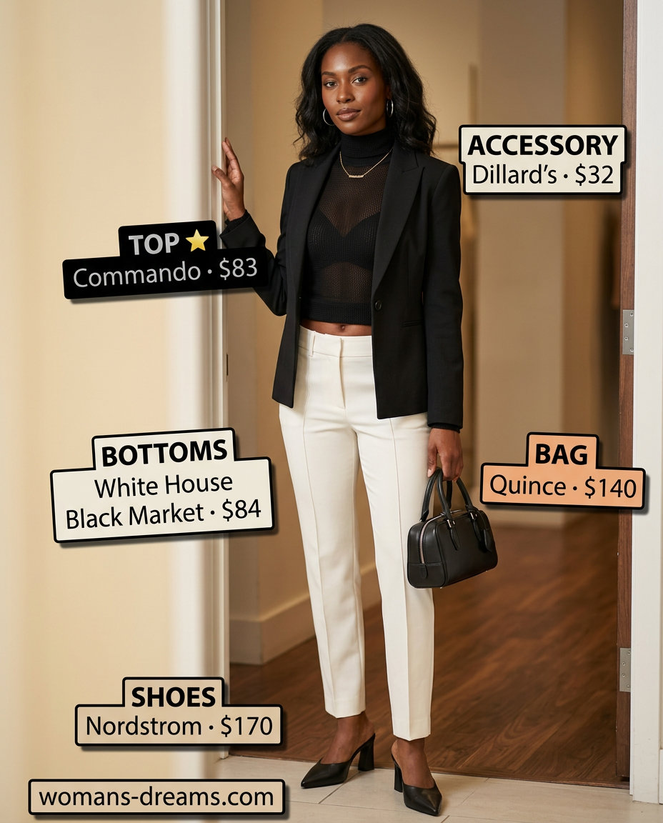 Modern minimalist black mesh turtleneck with cream trousers for smart casual summer outfits women 2026.