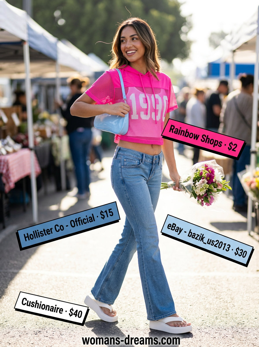 Hot pink graphic mesh top with flared jeans for retro Y2K summer outfits women 2026.