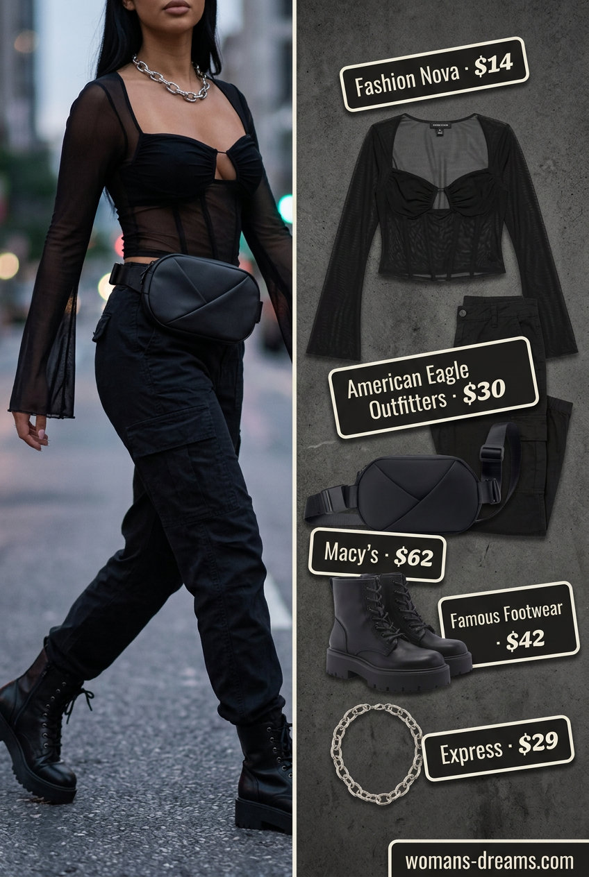 Black mesh top with cargo pants and combat boots for edgy urban summer outfits women 2026.