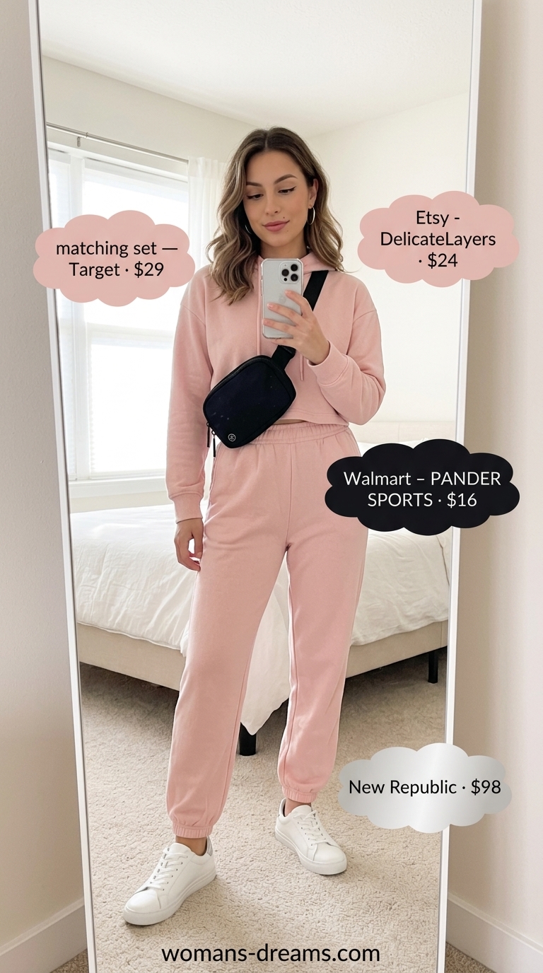 Blush pink athleisure set for women, ideal for travel and casual weekends in 2026.
