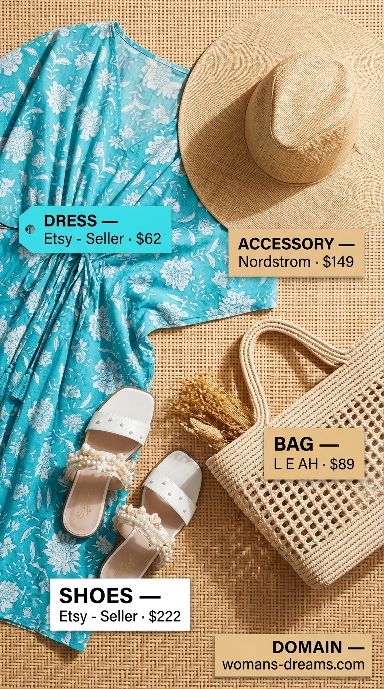 Beachside caftan maxi outfit: Turquoise sheer caftan, straw hat, embellished sandals, straw tote. Summer must-have wardrobe outfits for women 2026.