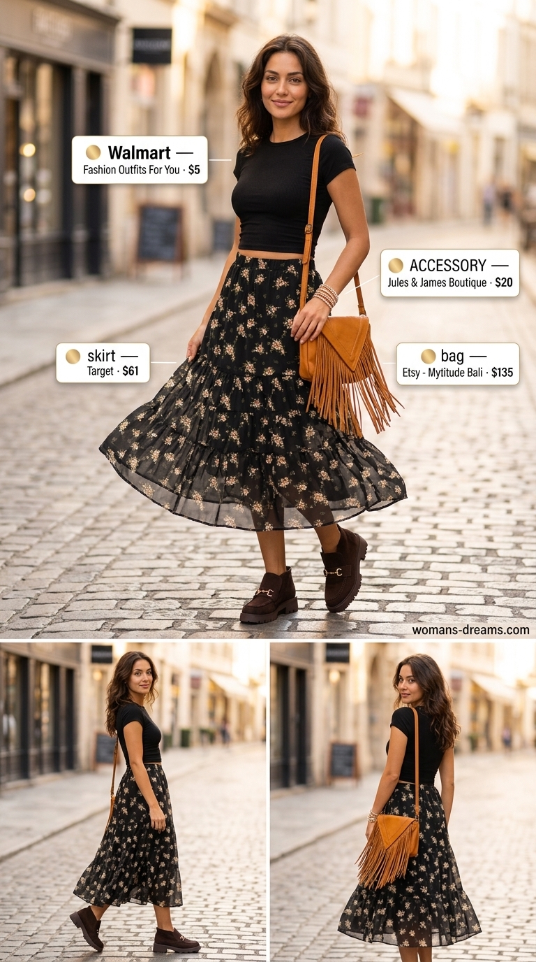 Bohemian midi skirt outfit: Black ribbed crop top, multicolor floral skirt, suede boots, fringe bag. Summer must-have wardrobe outfits for women 2026.