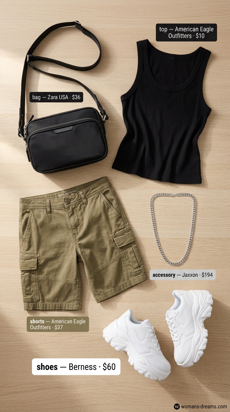 Urban explorer cargo shorts outfit: Khaki cargo shorts, black tank, chunky sneakers, crossbody bag. Summer must-have wardrobe outfits for women 2026.