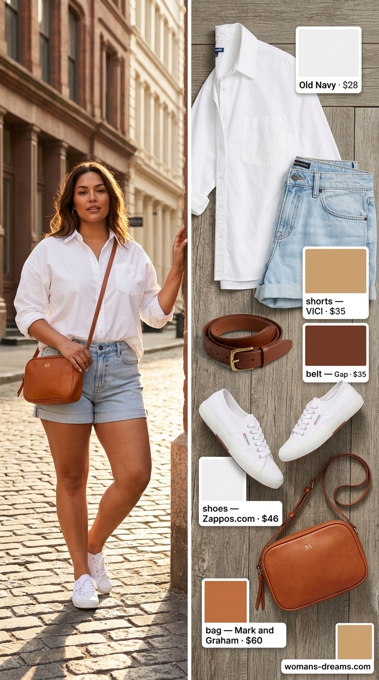 Denim shorts, oversized white shirt, and tan crossbody bag for summer must have wardrobe outfits for women 2026.